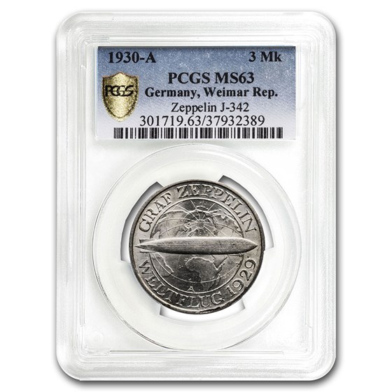 1930-A Germany Silver 5 Reichsmarks Graf Zeppelin MS-63 PCGS 1930-A Germany Silver 5 Reichsmarks Graf Zeppelin MS-63 PCGS